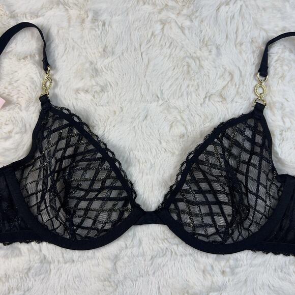 Victoria's Secret Dark Black Mesh Lace Shimmery Demi Bra 32B Gold Detail NWT - Picture 4 of 7